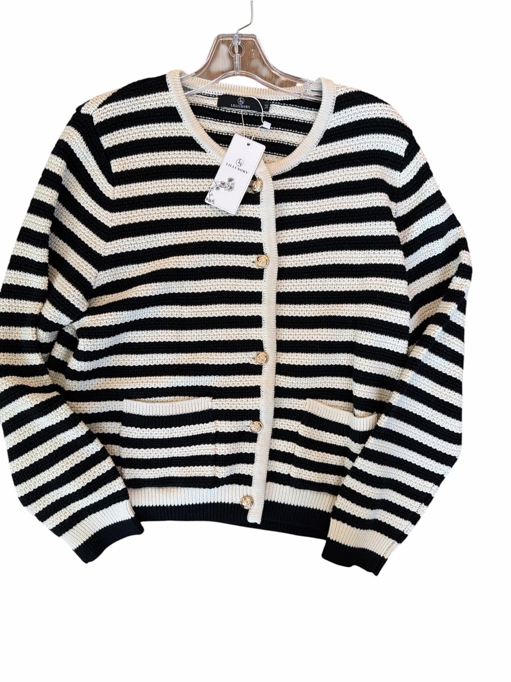 NWT LILLUSORY Striped Crew Neck Cardigan Sweater Jacket Gold Buttons Medium